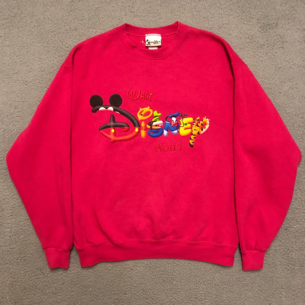 Vintage Walt Disney World Sweatshirt Red Embroidered Mickey Pooh Tigger Large